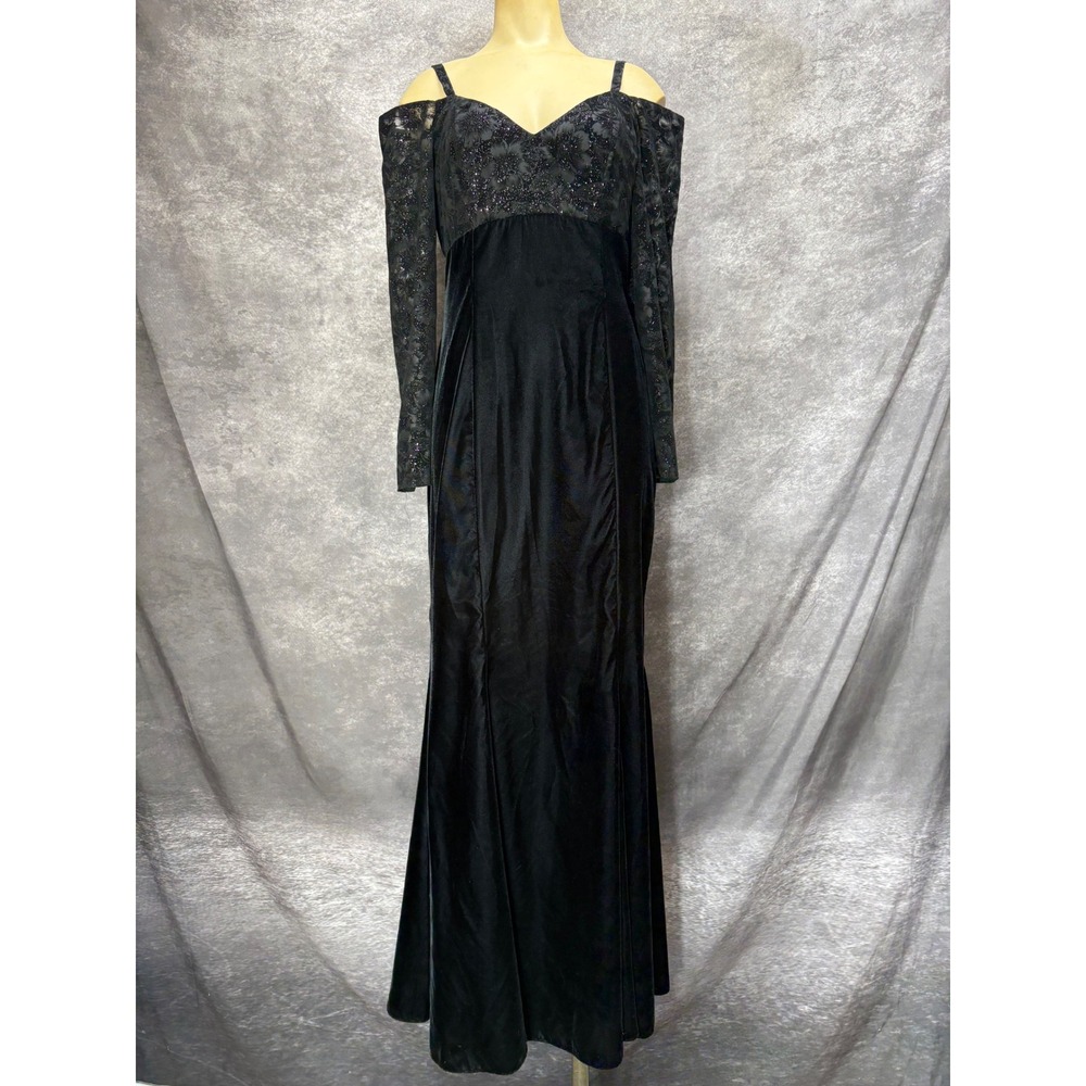 Zum Zum Vintage 90s Black Velvet Cold Shoulder Floral Lace Maxi Dress Size 7/8